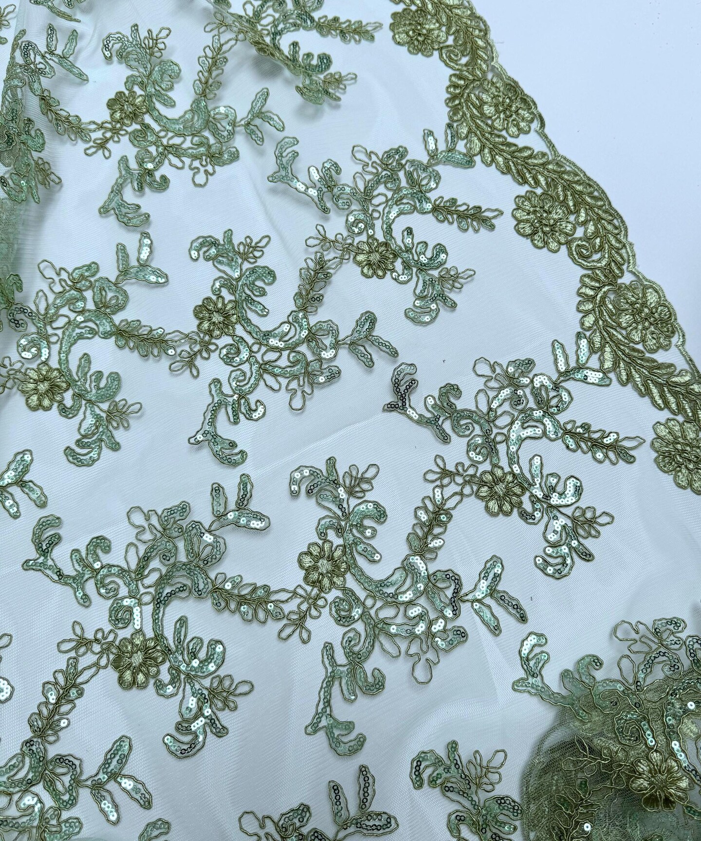 Sequin Embroidered Lace Fabric by the Yard, 54" Wide Floral Mesh Lace with Double Scalloped Edges
