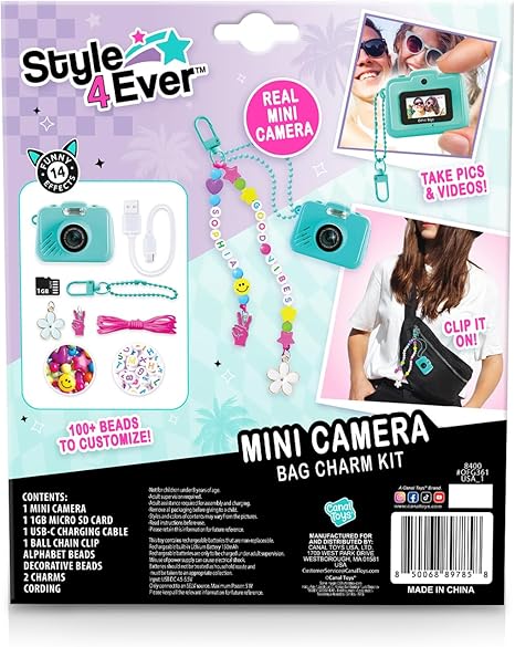 Style 4 Ever Mini Digital Camera Bag Charm Kit – Turquoise: Built in Frames and Filters, DIY Keychain Craft Set for Kids with Stickers & Accessories