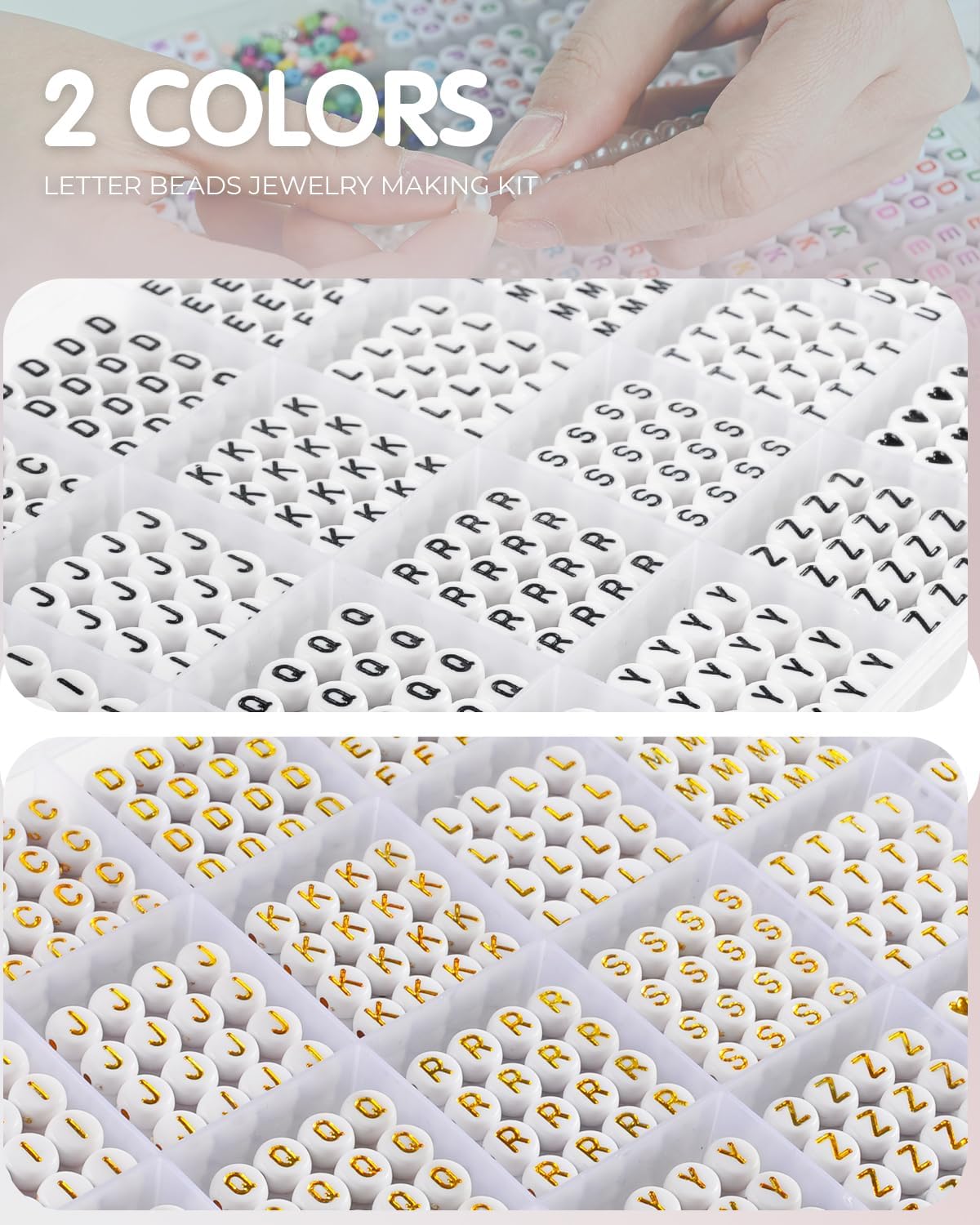 2 Box Set Letter Beads, Alphabet Beads for Bracelets, 1900+ PCS Round Number & Heart, 5m Elastic String Jewelry Making Kit, Ideal for Friendship Bracelets (Black+Gold)