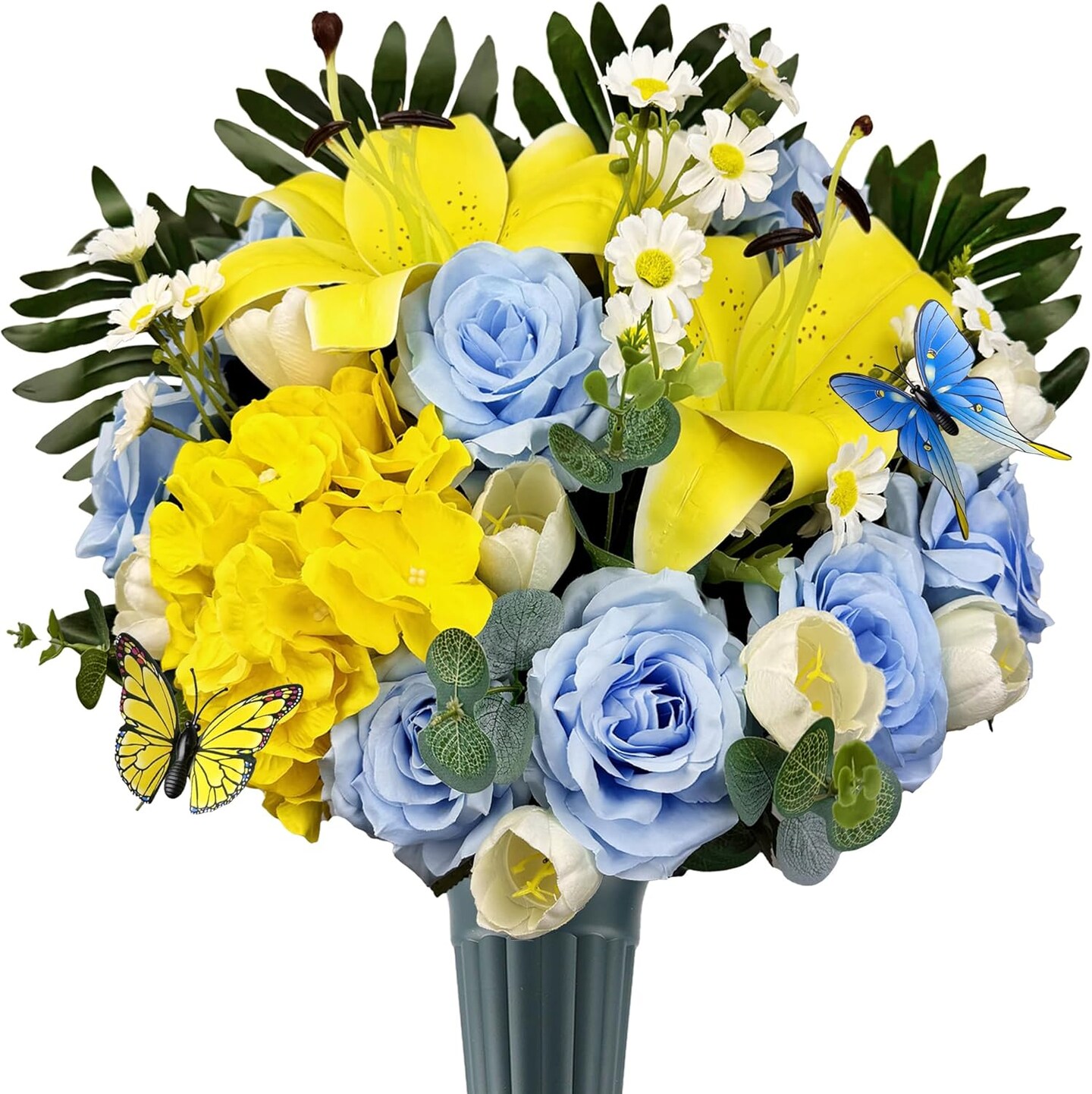 Handmade Cemetery & Memorial Flower Bouquet with Vase - Blue & Yellow ...