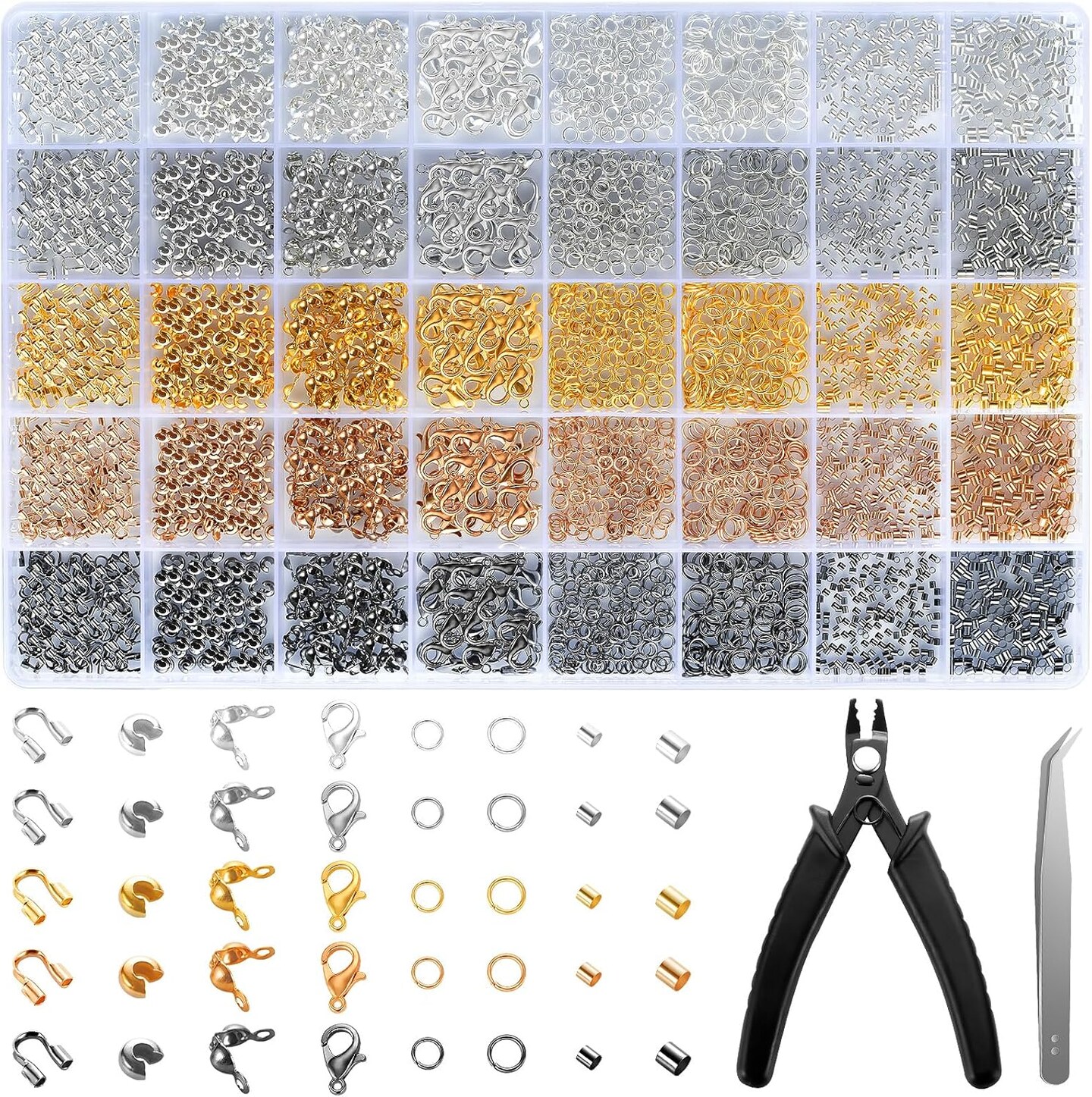 2425pcs Crimp Beads Jewelry Making Kit, Funtopia Crimp Tubes, Crimp Covers, Wire Guards, Lobster Clasp, Jump Ring for Bracelet Earring Necklace Making DIY Jewelry Repair Kit Supplies