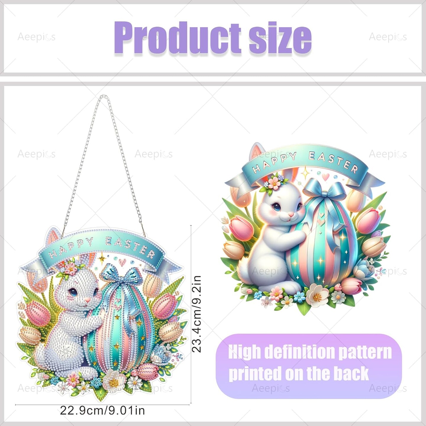 Hanging Diamond Art Kit for Adults – DIY Acrylic Diamond Painting Pendant – Easter Rabbit Diamond Art Board with Chain for Home Decor