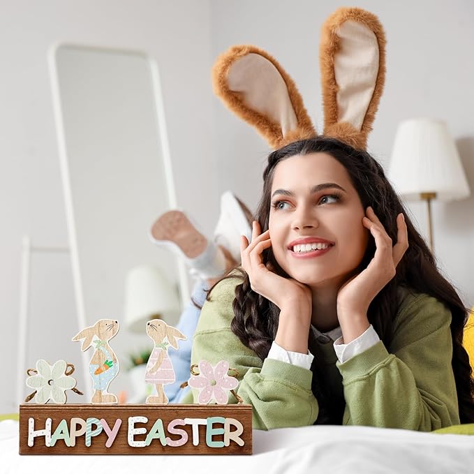 Light Up Happy Easter Sign Wooden Easter Bunny Decoration for Home, Easter Tabletop Decor Neutral Bunny Block Rustic Farmhouse Holiday Decorations for Dining Room, Kitchen, Spring Decor