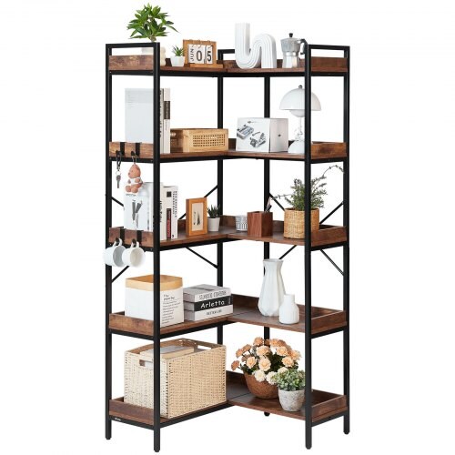 Corner Display Shelf with 5 Wooden Tiers and 4 Hooks for Home and Office