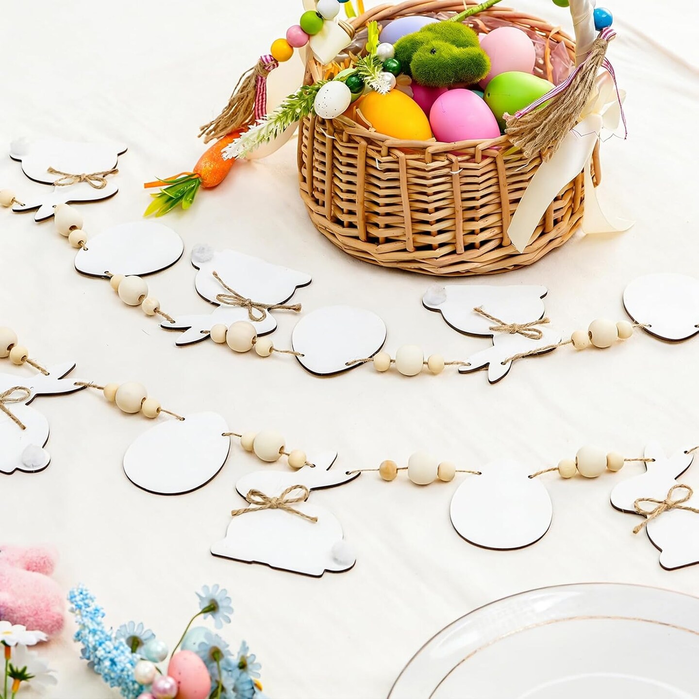 Easter Bunny Garland with Wooden Beads – DIY Rustic Farmhouse Banner for Mantle, Fireplace, Wall & Spring Decor