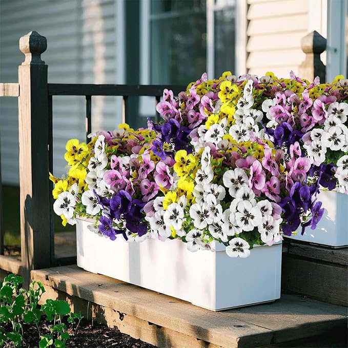 Artificial Fake Pansy Flowers for Outdoor, UV Resistant Faux Silk Pansies Spring Flowers, for Planter Front Door Porch Yard Patio Window Box Home Decor 12 Bundles (4 Multicolor)