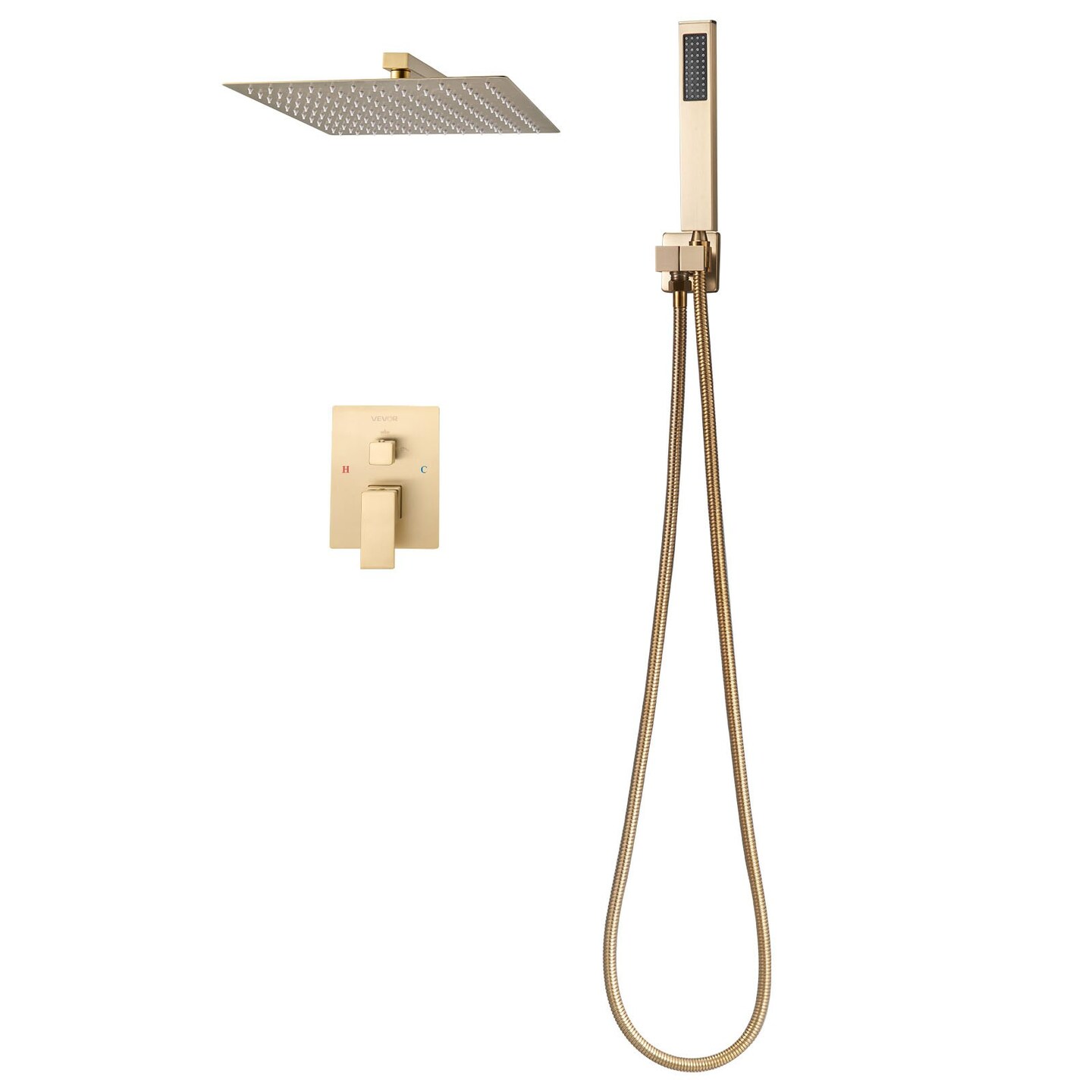 Brushed Gold Rain Shower System 12 in Square Head Handheld Wall Mounted