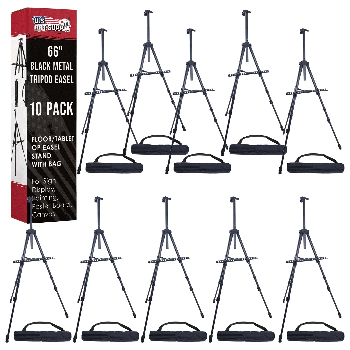 U.S. Art Supply 66" Black Metal Tripod Easel Display (10 Pack) - Adjustable 20"- 5.5', Holds 32" Canvas - Floor/Tabletop Easel Stand, For Sign Display, Painting, Poster Board, Canvas - Portable Bag