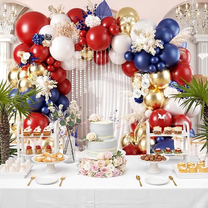 Red White Blue Balloon Arch, Double Stuffed Navy Blue Dark Ruby Red Balloon Garland Kit with Gold Metal Balloons for Baby Shower Birthday Patriot Veterans Day Party Decoration