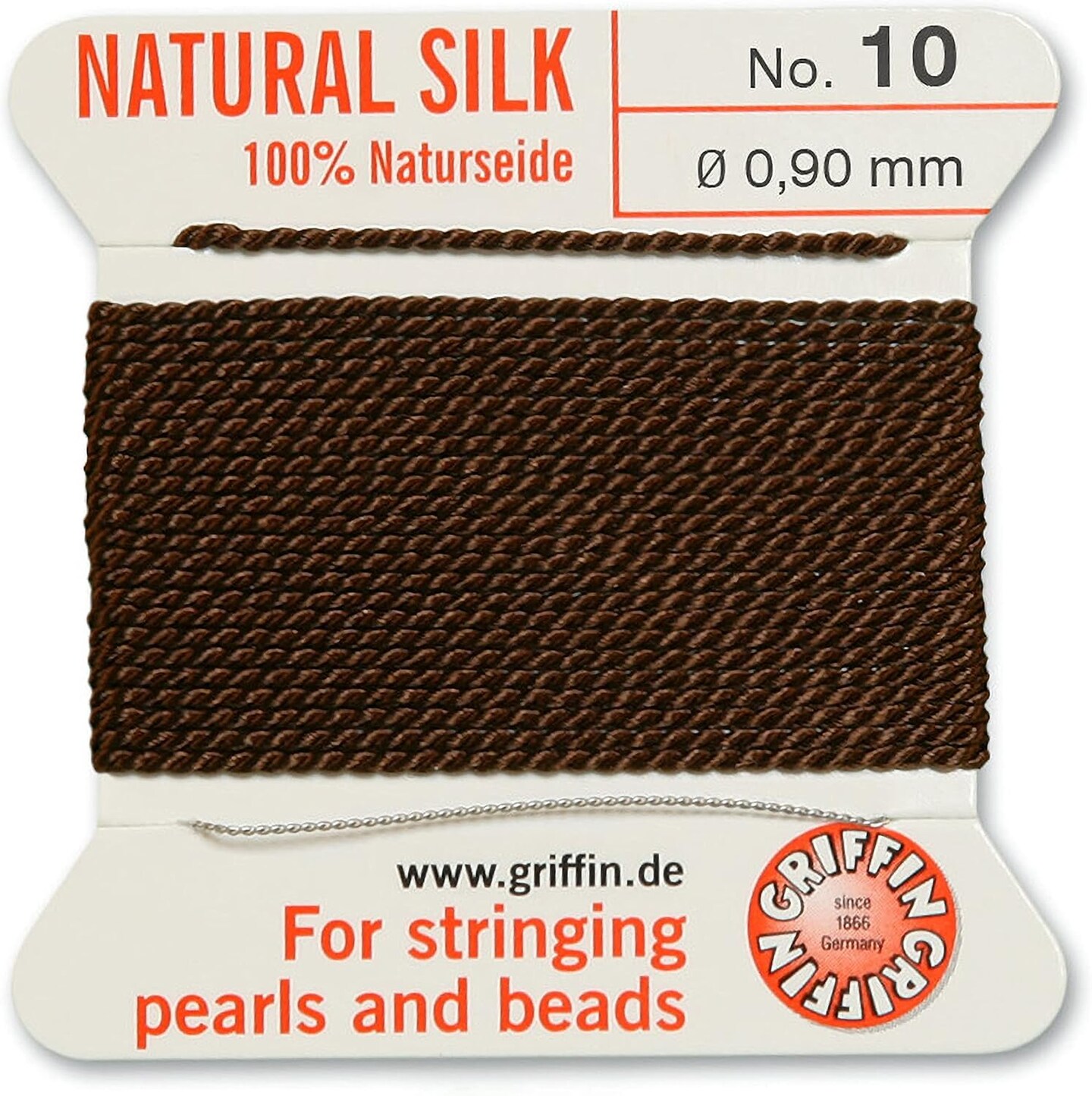 Griffin Silk Bead Cord Perlseide – Size 10 (0.90mm) – 2 Meters per Card – Stainless Steel Needle Attached – for Knotting Pearls, Gemstones, Crystals and Beads