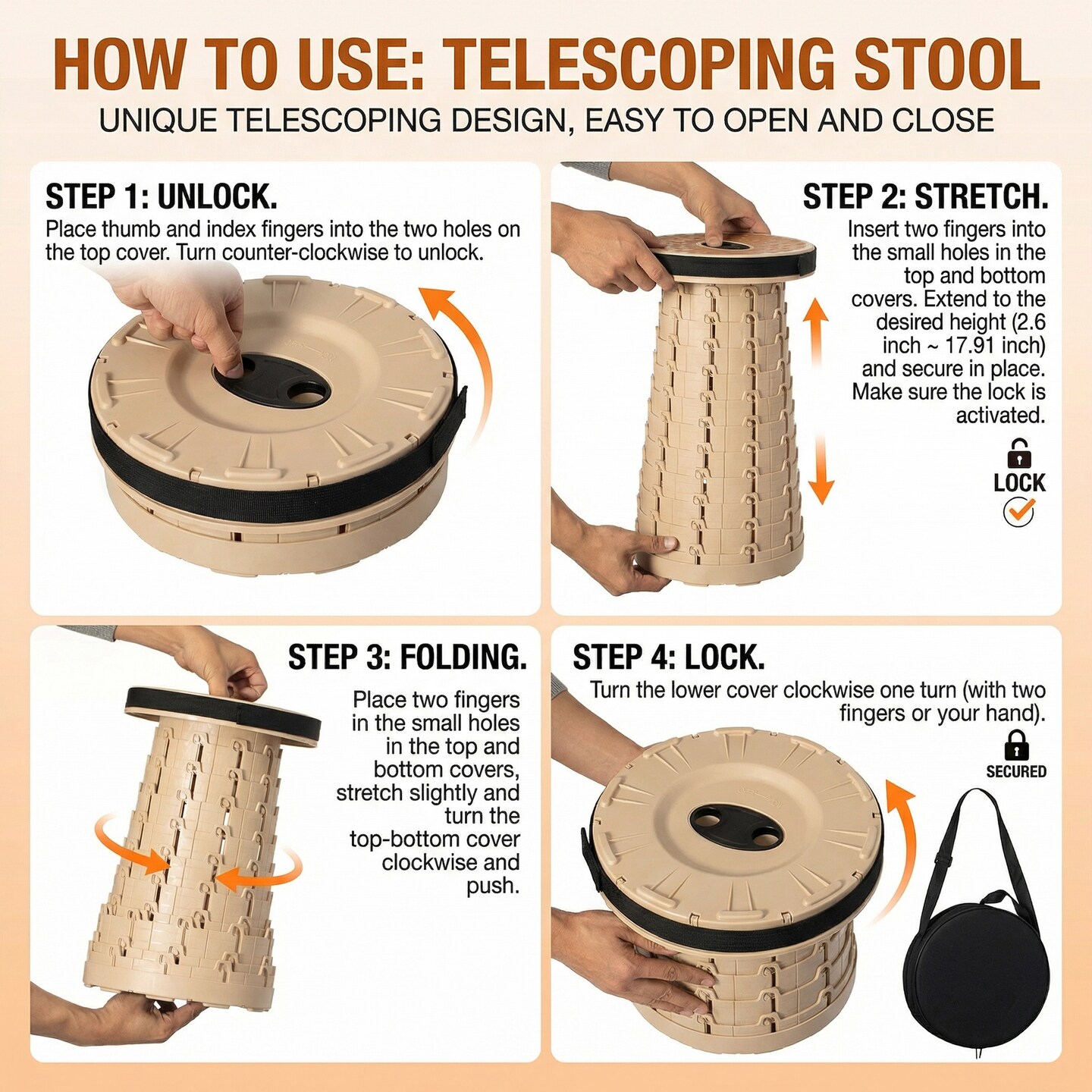 Gardenised Collapsible Stool, Telescopic Adjustable Round Seat for Picnic Camping Fishing Hiking Travel and Outdoor Events with Compact Cylindrical Extendable Design