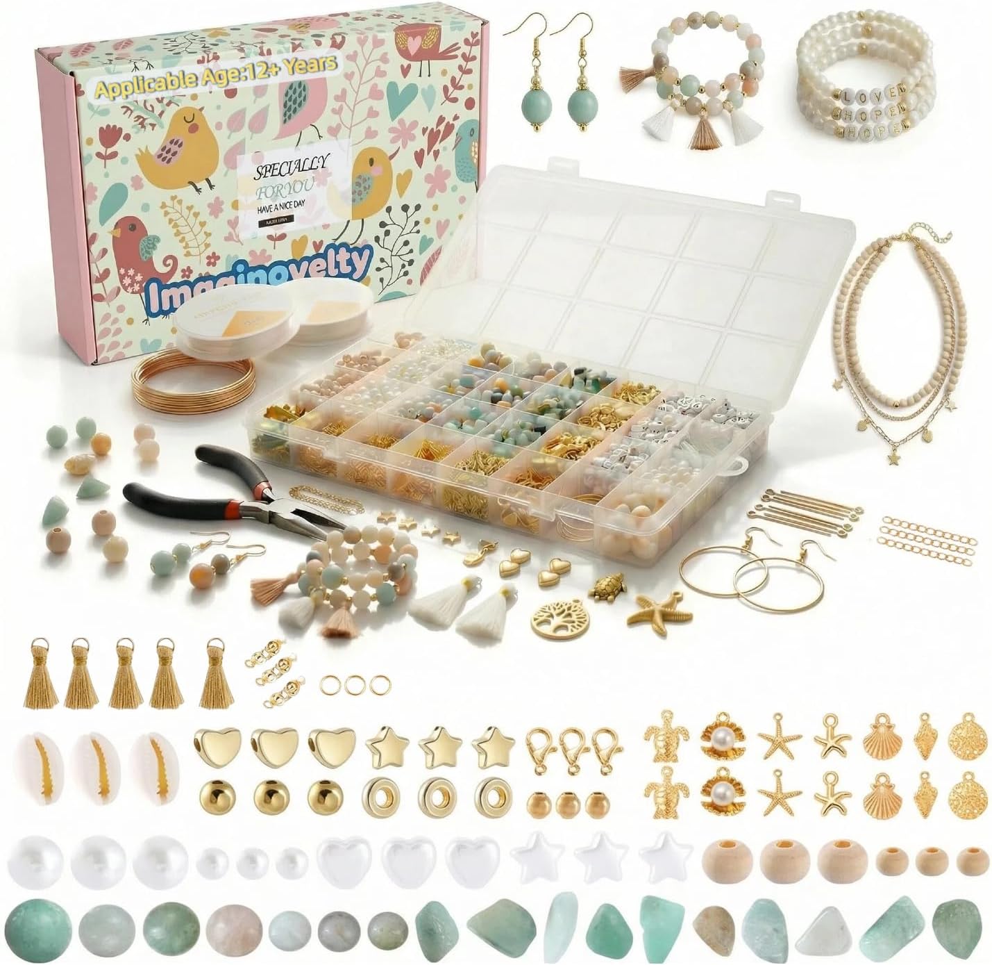 1920PCS Jewelry Making Kit with Natural Amazonite Stone Beads, Irregular Chips & Crystal Beads for Bracelets,Necklaces Earrings, Complete DIY Craft Set with Pliers & Gift Box