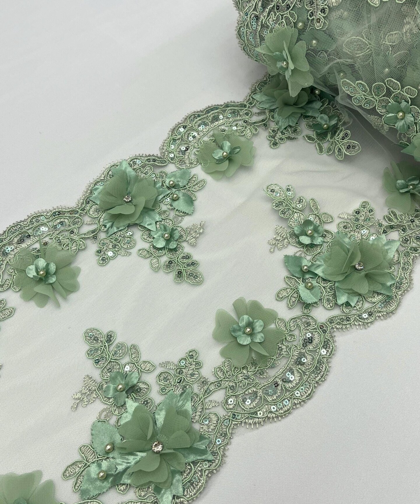 Sage 3D Wide Floral Sequin & Mesh with Pearls Lace Trim for Table Runner 22"