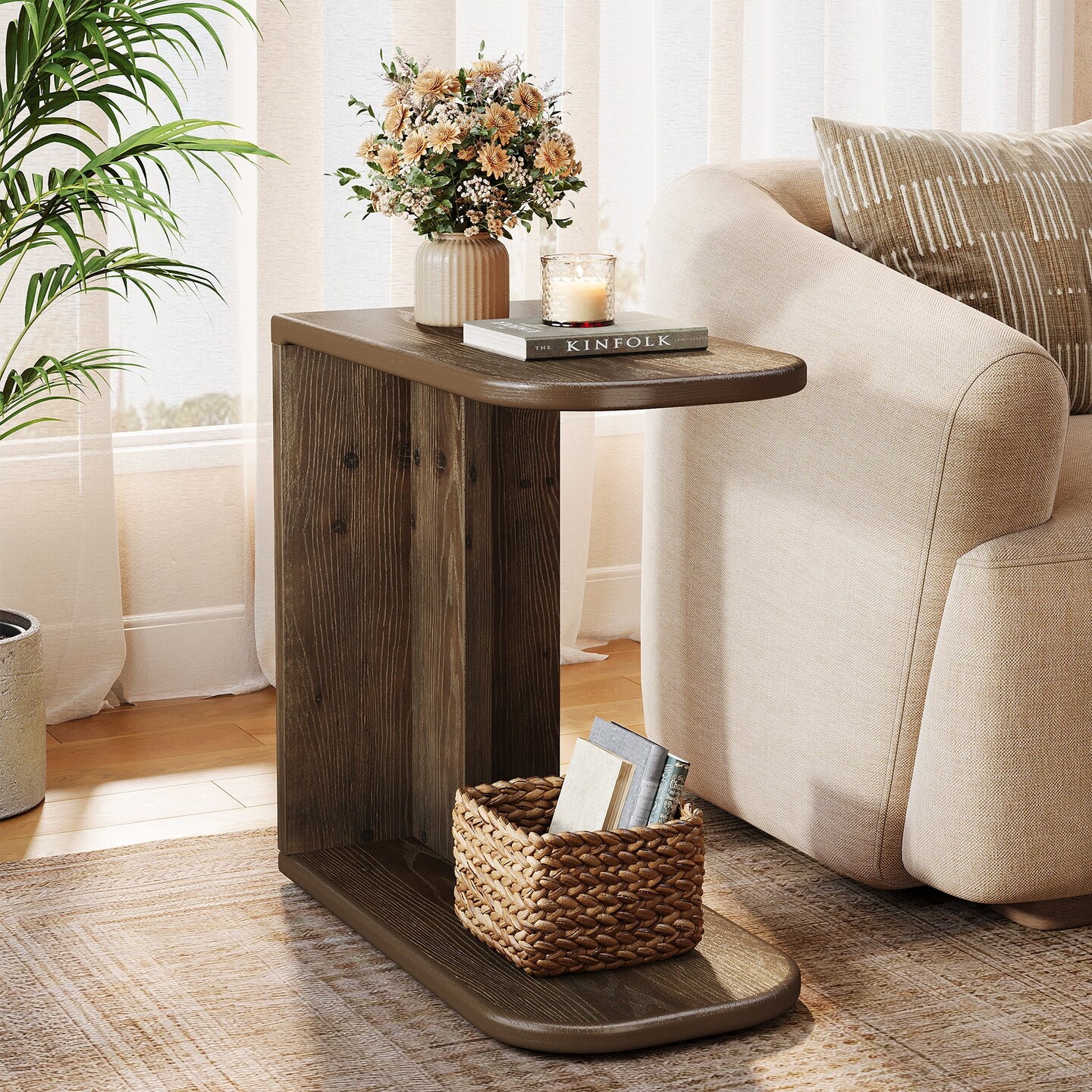 C Shaped End Table Solid Wood Brown Side Table Living Room Bedside Use