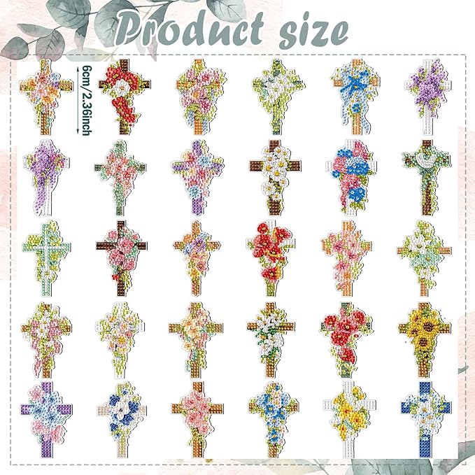 30 Pcs Easter Cross Diamond Art Kits Magnetic Religious Christians Diamond Painting Magnets Kits Crystal Cross Jesus 5d DIY Art Fridge Magnet Refrigerator Sticker for Adult Beginners Home Car Garage