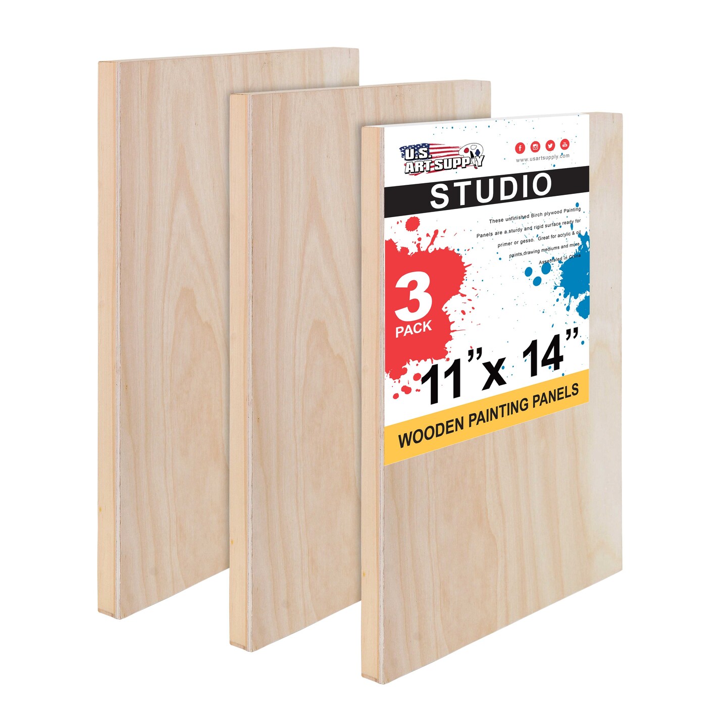 Unfinished Cradled Wood Panels for Painting, 3 Pack of 11x14 inch - Studio Birch Wooden Canvas Boards 3/4" Deep - Mixed-Media Craft, Acrylic, Oil, Encaustic, Paint Pouring Panel Board