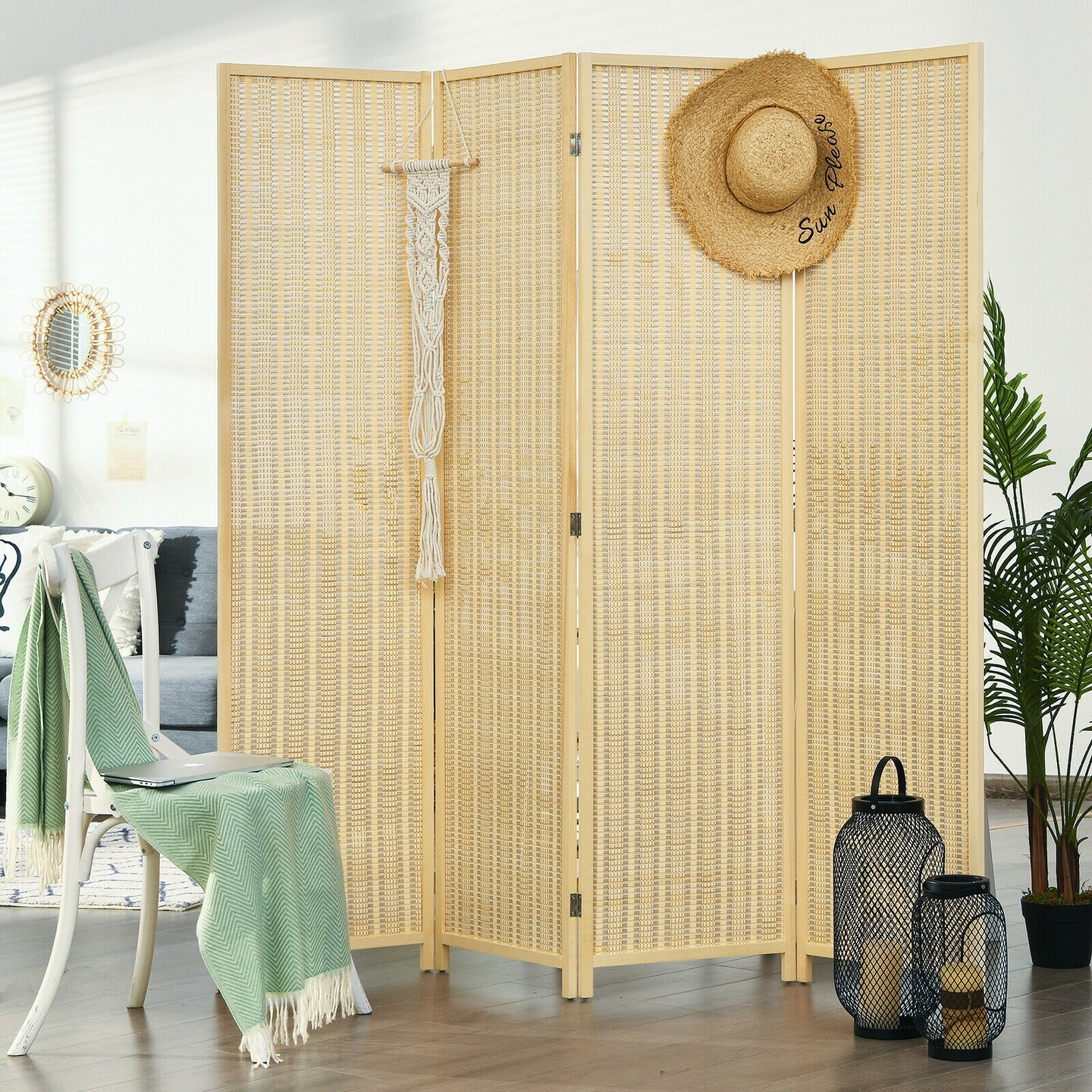Natural Wicker and Pine Wood Folding Room Divider with 4 Panels