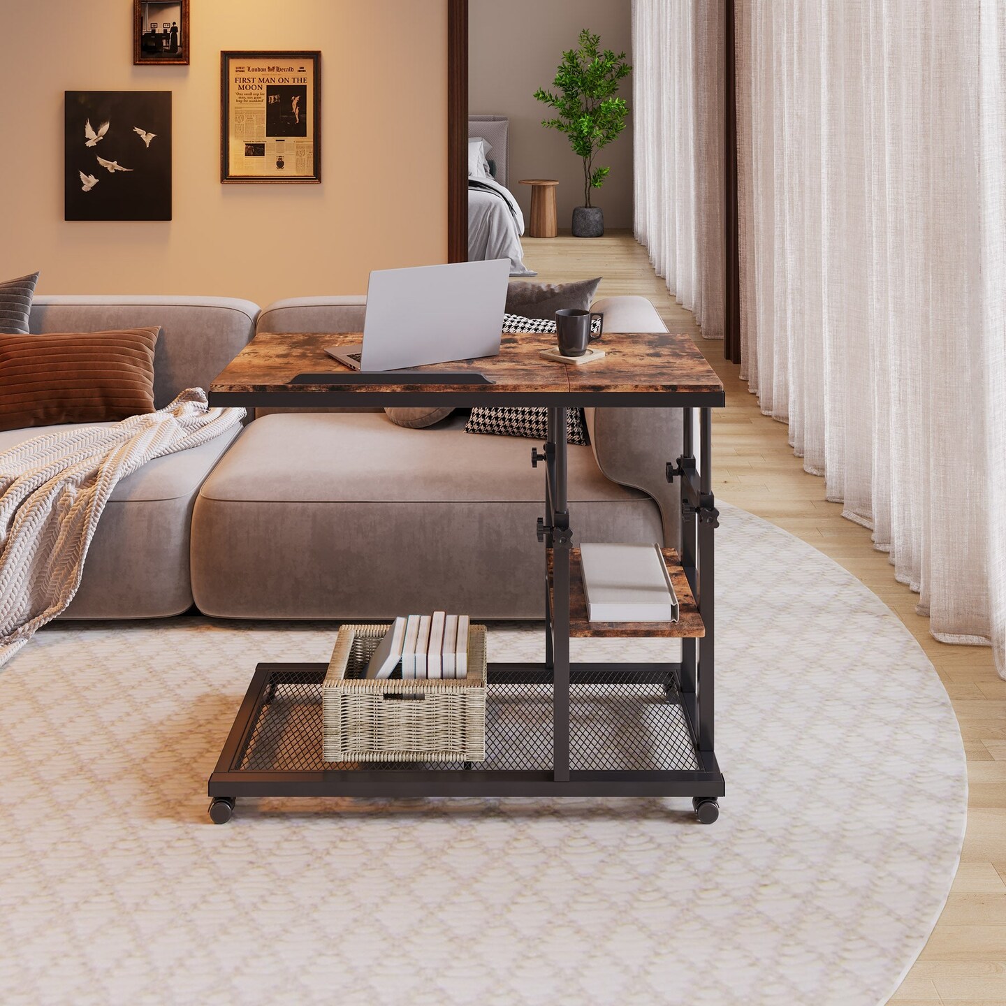 Adjustable Height C Shaped Rolling Table Tilting Top Laptop Snack Side Table with Wheels