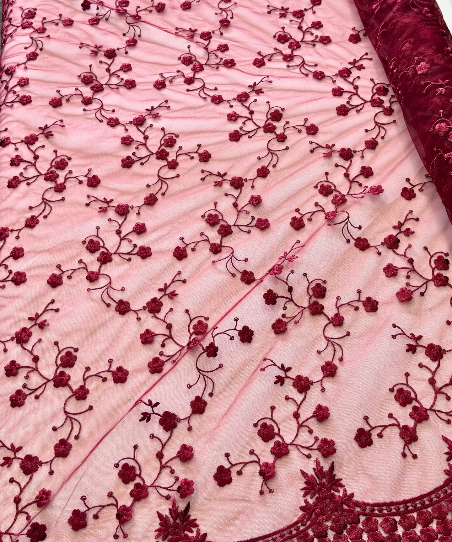 Burgundy Sequin Embroidered Lace Fabric by the Yard, 54" Wide Floral Mesh Lace with Double Scalloped Edges