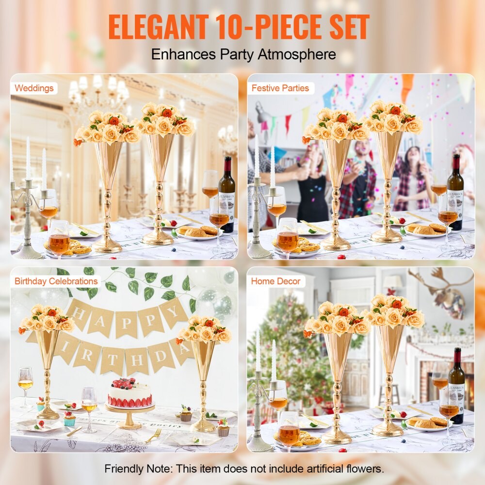 16.9” Metal Wedding Flower Vases 10PCS, Gold Trumpet Centerpiece for Party Decor