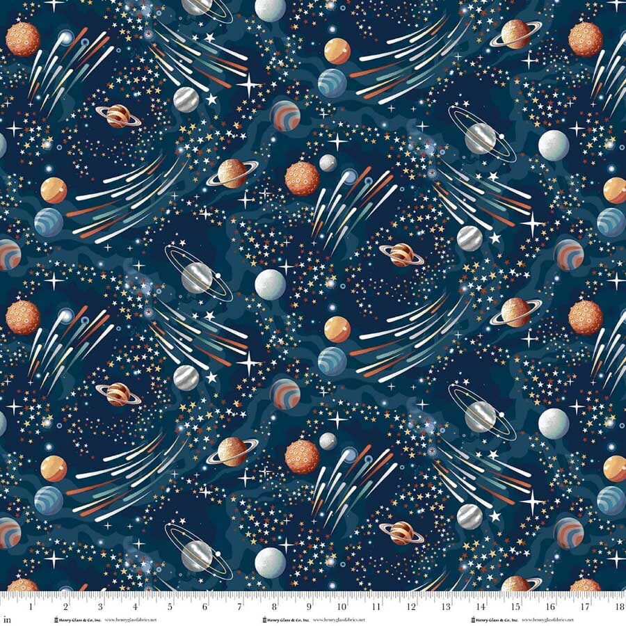 Fabric Henry Glass Navy Shooting Stars Milky Way Glow in the Dark by the Quarter Yard 2117G-78