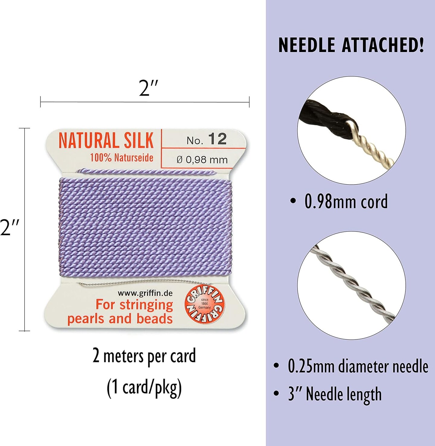 Griffin Silk Bead Cord Perlseide – Size 12 (0.98mm) – 2 Meters per Card – Stainless Steel Needle Attached – for Knotting Pearls, Gemstones, Crystals and Beads