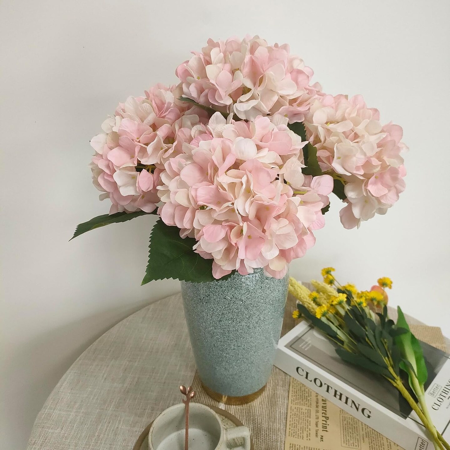 Spring Tabletop Decor – 6PCS Pink Artificial Hydrangea Flowers, Faux Silk Hydrangea Stems for DIY Bouquets, Wedding Centerpieces & Home Decor