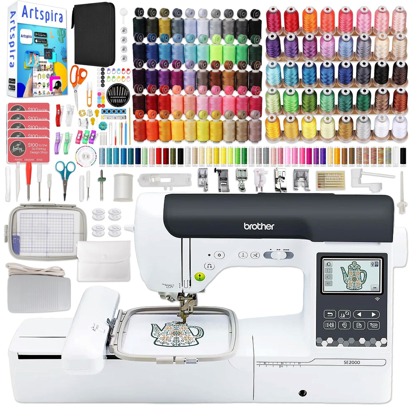 Brother SE2000 Embroidery & Sewing Machine w/ Deluxe Thread & Accessory Bundle
