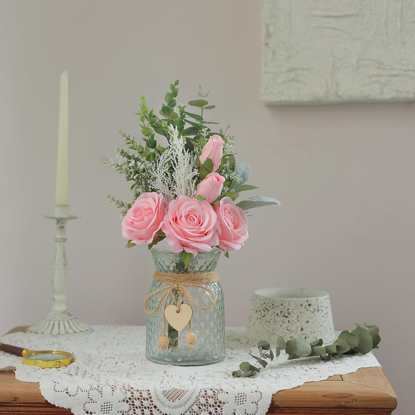 Spring Table Top Decor – Faux Flowers in Vase, Artificial Silk Roses & Eucalyptus Arrangement for Home, Office, Farmhouse, Dining Table & Coffee Table Decorations (Pink)