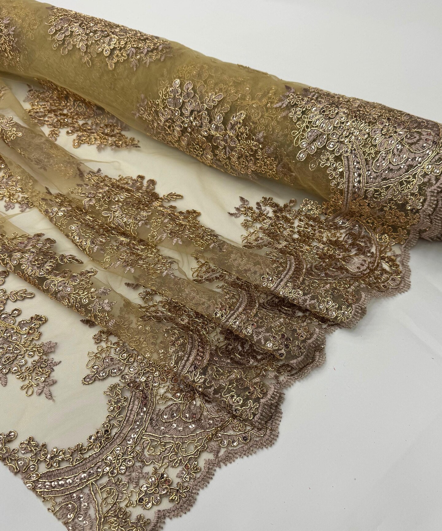 Rose Gold Sequin Embroidered Lace Fabric by the Yard, 54" Wide Floral Mesh Lace with Double Scalloped Edges