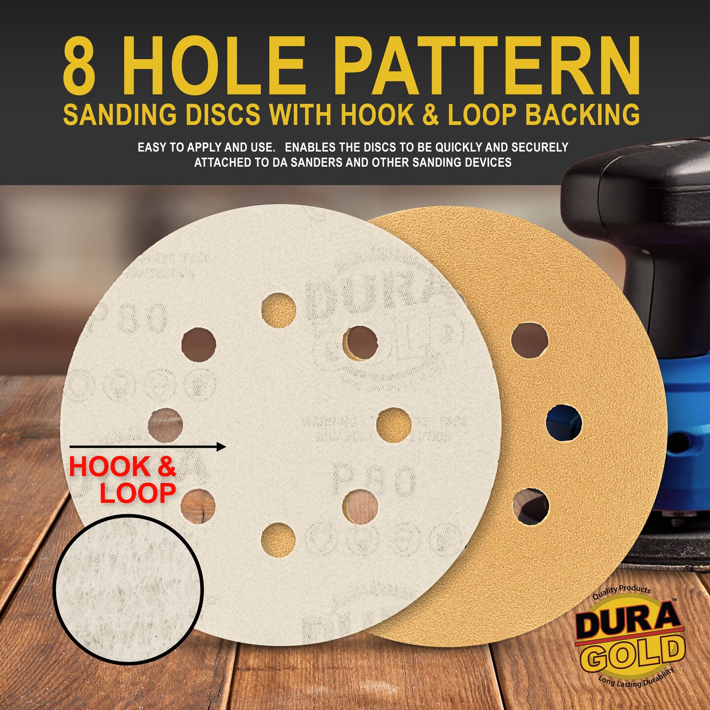 80 Grit - 5" Gold DA Sanding Discs - 8-Hole Pattern Hook and Loop - Box of 50
