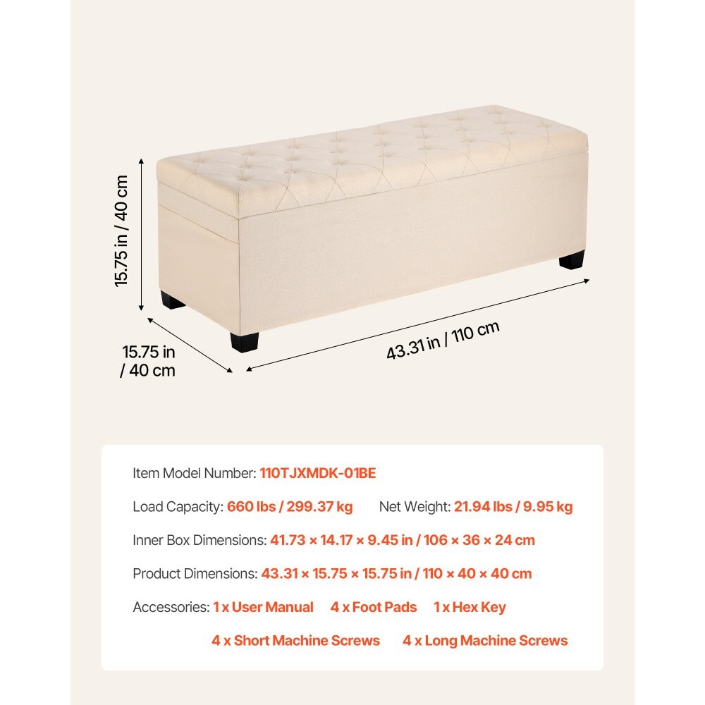 Bedroom Storage Bench 43 in Linen Ottoman Bench with Hidden Storage Gray