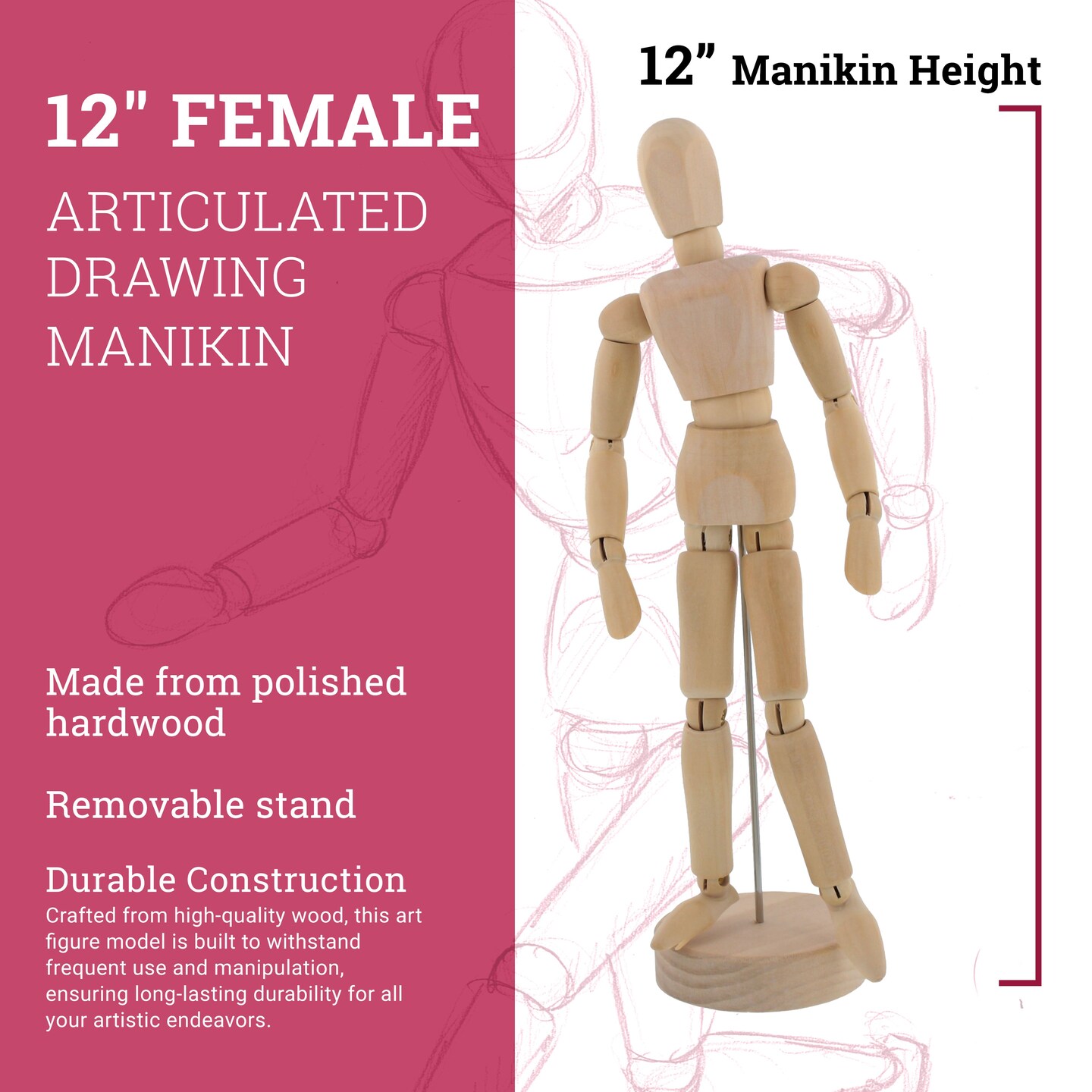 U.S. Art Supply 12" Wooden Female Manikin Posable Figure for Drawing - Articulated Mannequin with Base and Flexible Body for Drawing The Human Figure
