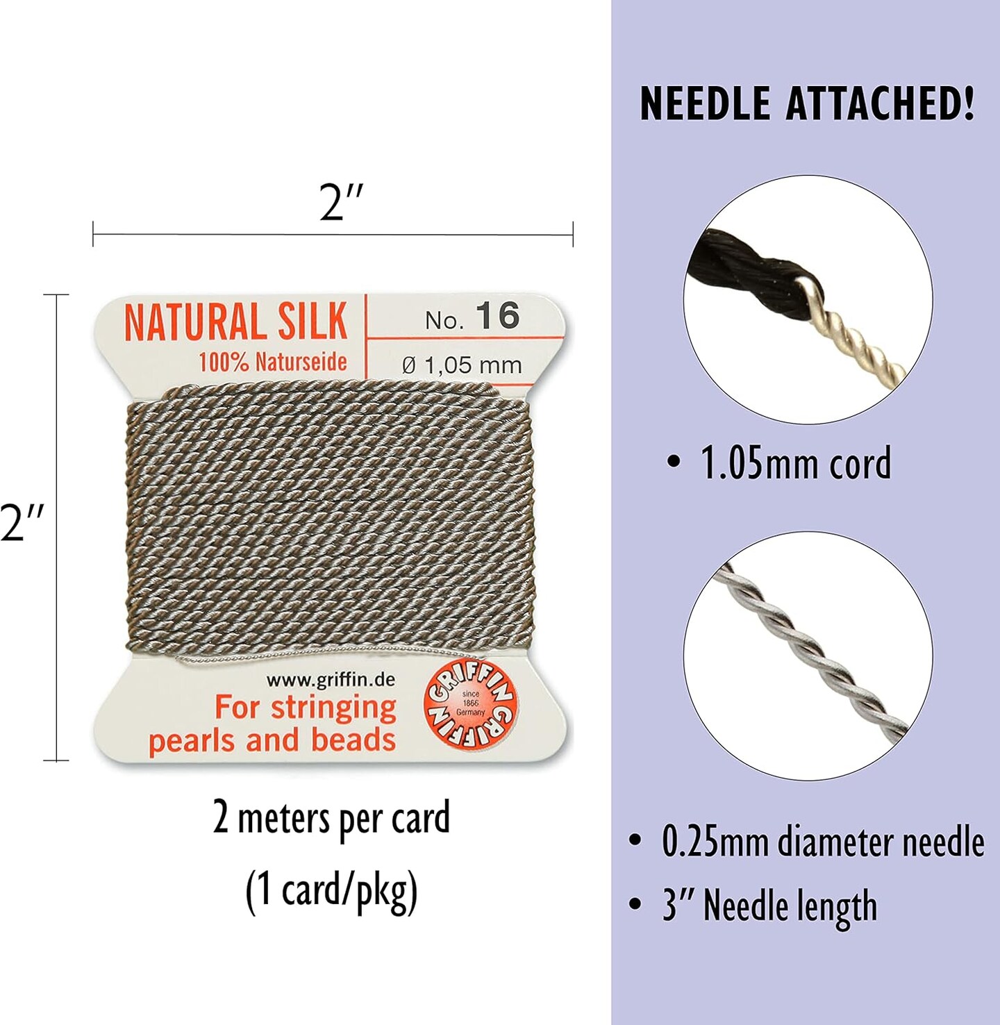 Griffin Silk Bead Cord Perlseide – Size 10 (0.90mm) – 2 Meters per Card – Stainless Steel Needle Attached – for Knotting Pearls, Gemstones, Crystals and Beads