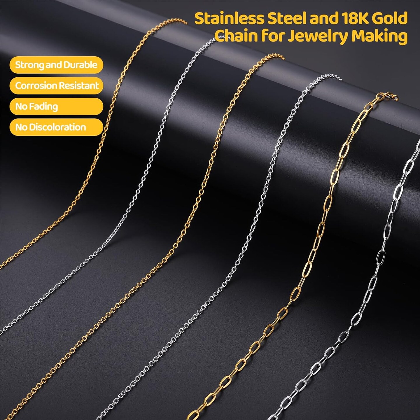 18K Gold-Plated Stainless Steel Jewelry Chain Kit – 6 Rolls (19.7ft Total) with 348 Charms, Jump Rings & Lobster Clasps | DIY Necklace & Bracelet Making Set