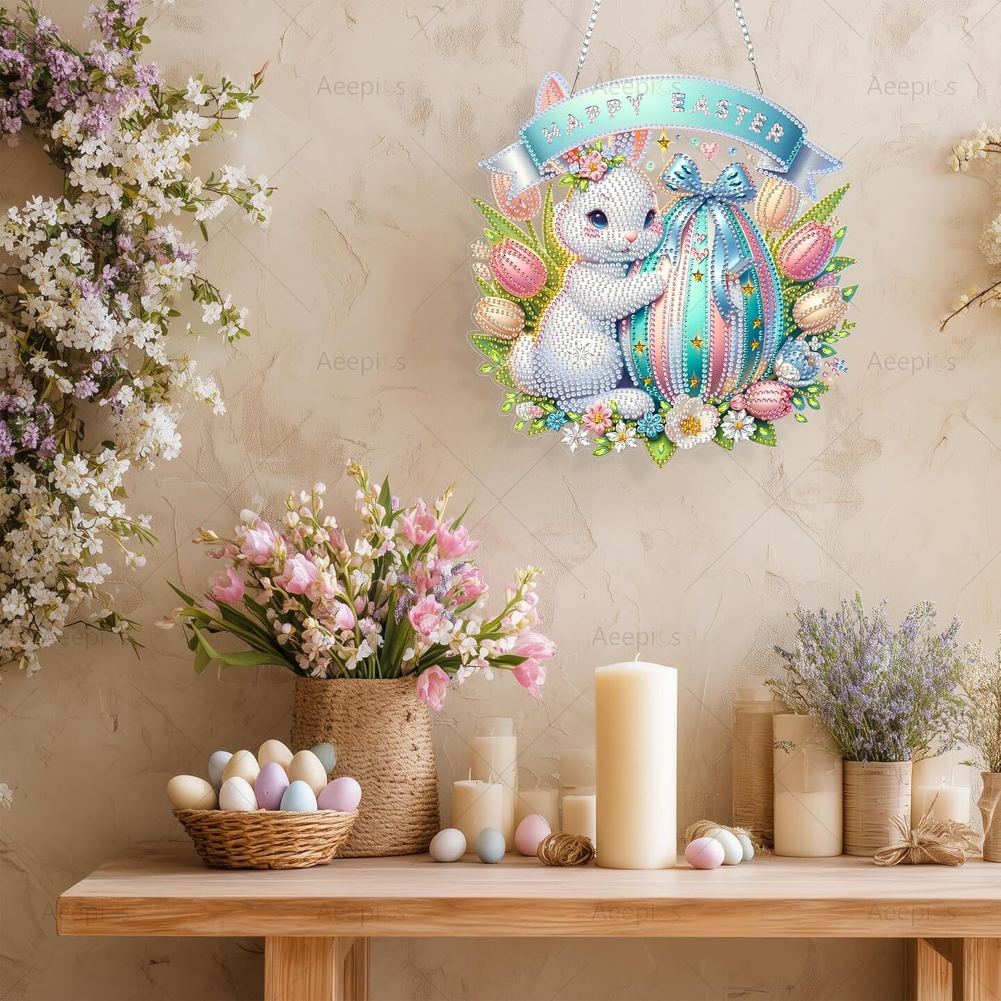 Hanging Diamond Art Kit for Adults – DIY Acrylic Diamond Painting Pendant – Easter Rabbit Diamond Art Board with Chain for Home Decor