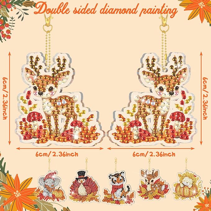 30 Pcs Thanksgiving Diamond Art Keychain Kits DIY Double Sided Thanksgiving Animals Diamond Painting Keychain Ornaments for Adults Key Ring Art Pendant Fall Tree Decor