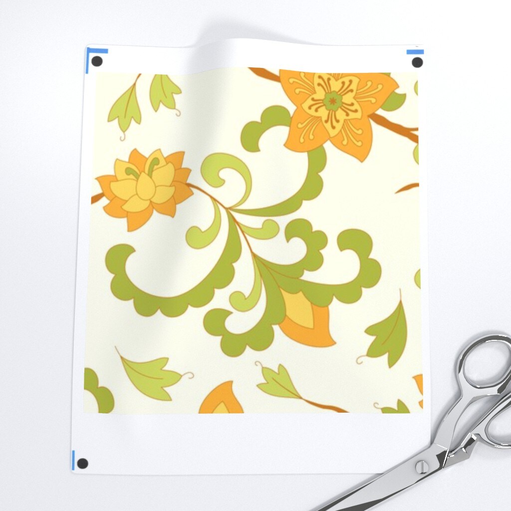 Trailing Floral Orange Chintz Indian Botanical Green Cream Retro Flowers Custom Removable Wallpaper by Spoonflower Peel & Stick Wallpaper 2FT Wide