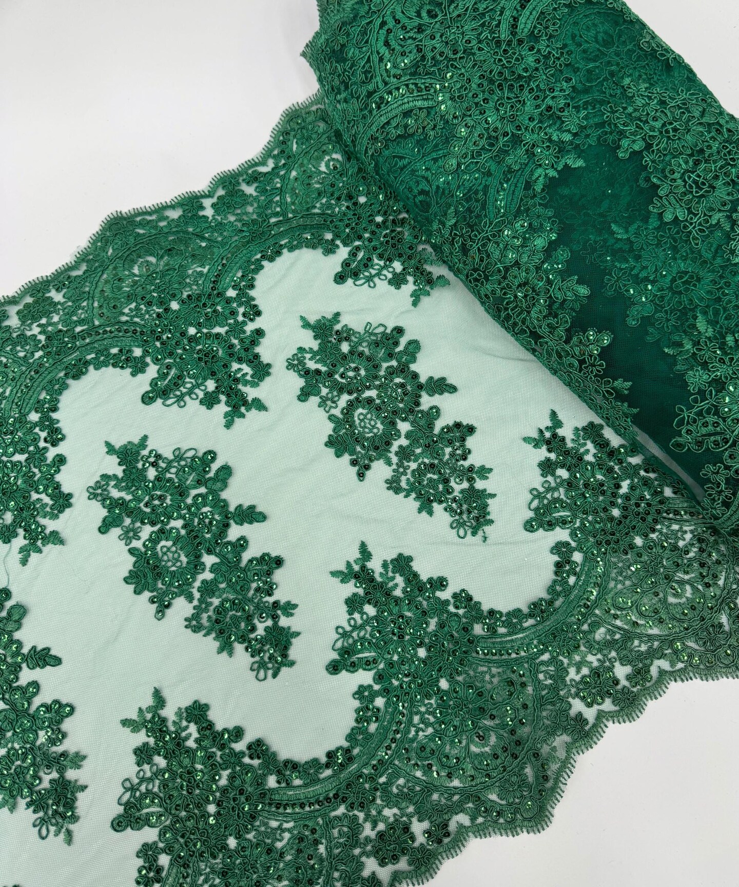 Hunter Green Embroidered Lace Table Runner by the Yard, 20" Wide Sequin Mesh Lace Trim with Scalloped Edges