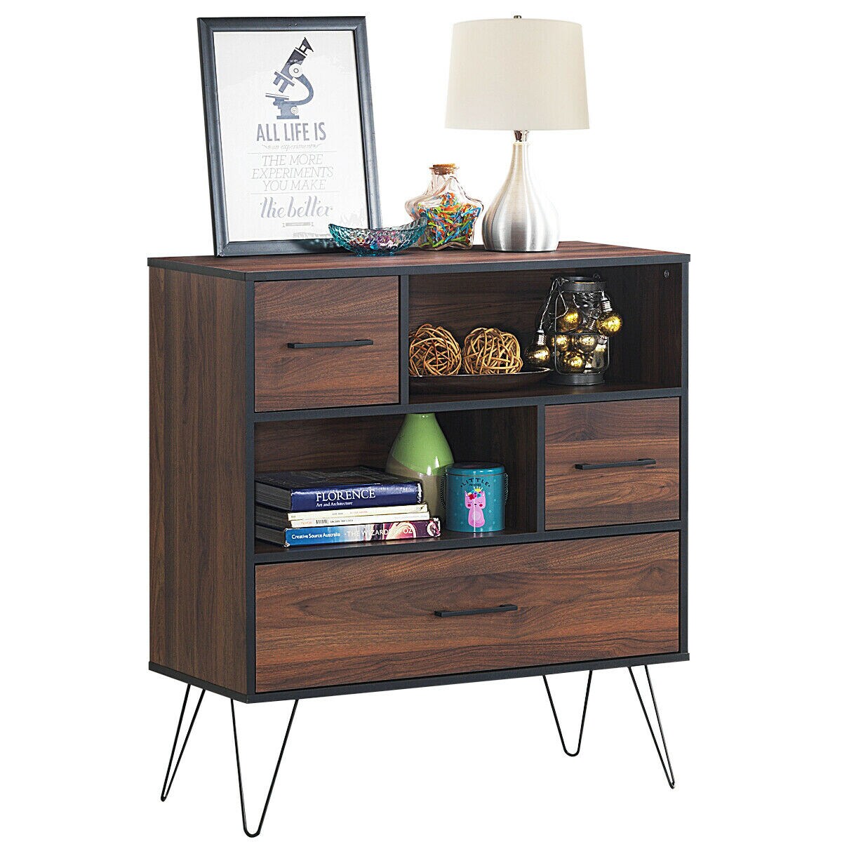 Wood Storage Cabinet 3-Tier with Drawers and Durable Metal Legs