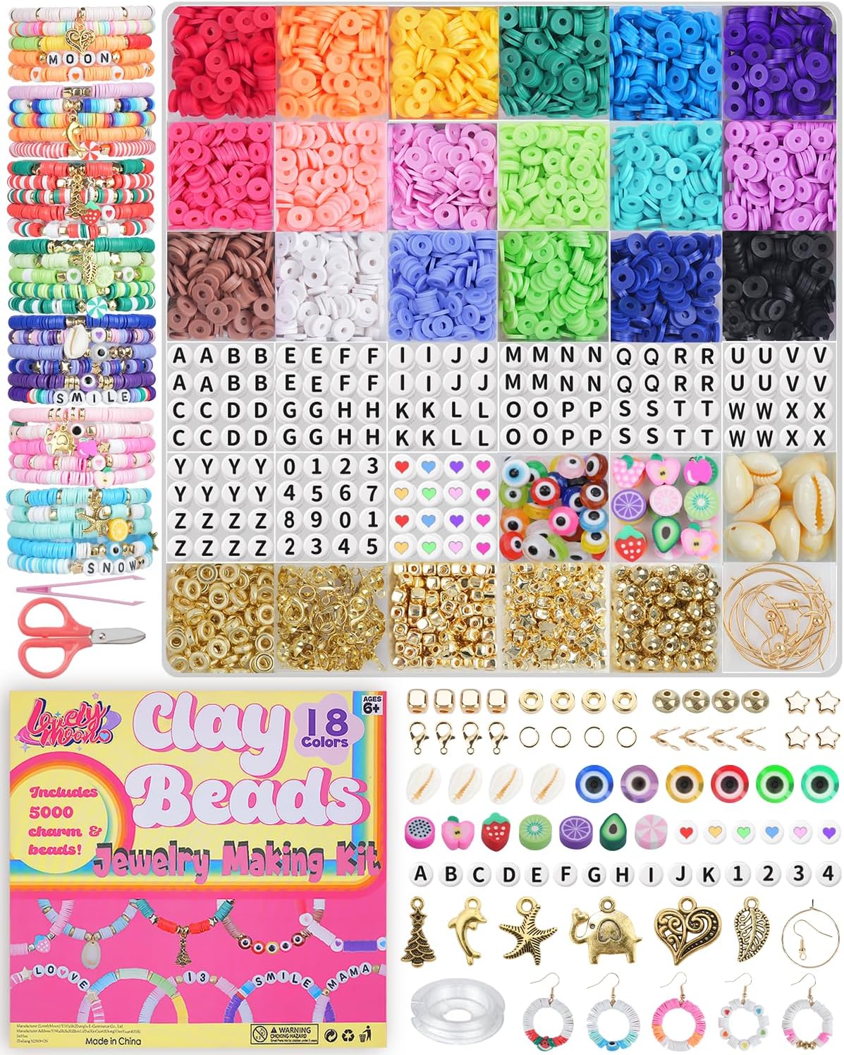 Clay Beads Bracelet Making Kit – 5,000pcs in 18 Colors for DIY Friendship Jewelry | Craft Kit for Kids with Strings, Clasps & Tools