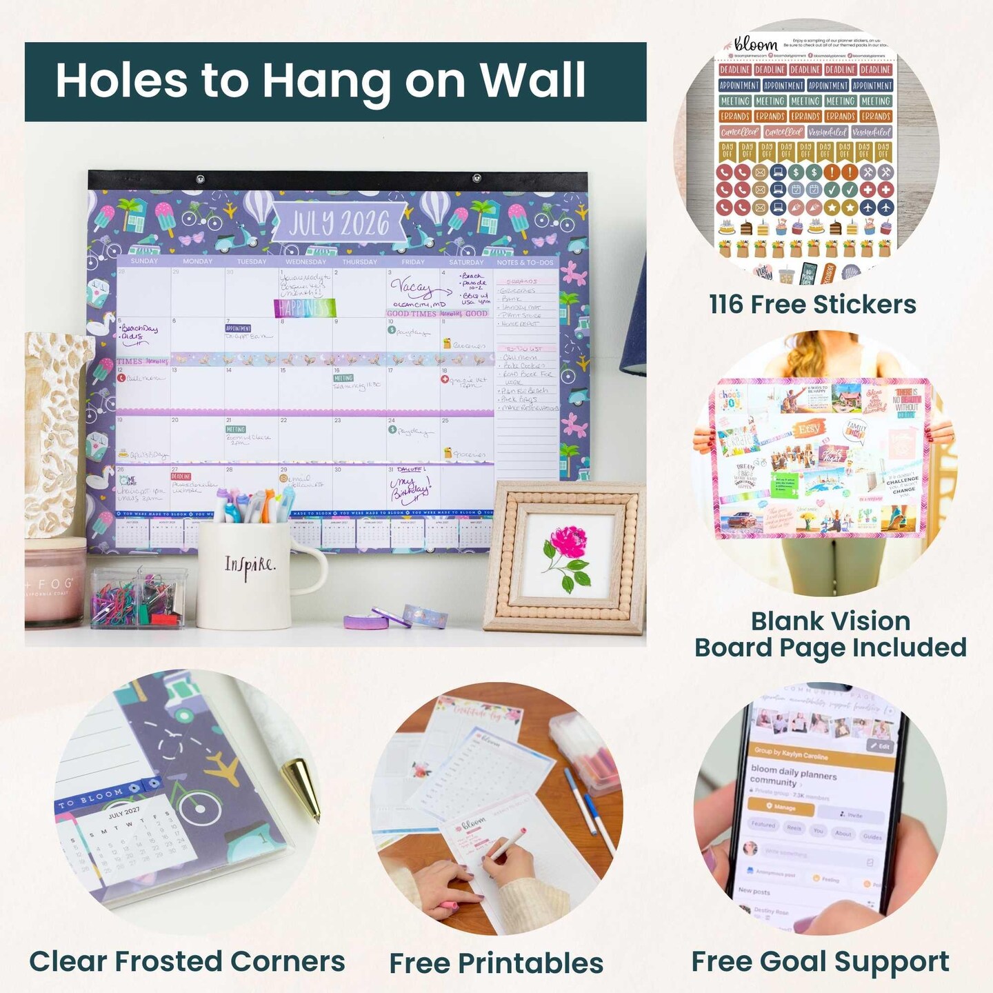 bloom daily planners 2026–2027 Academic Desk & Wall Calendar, 16" x 21" | Holiday Icons