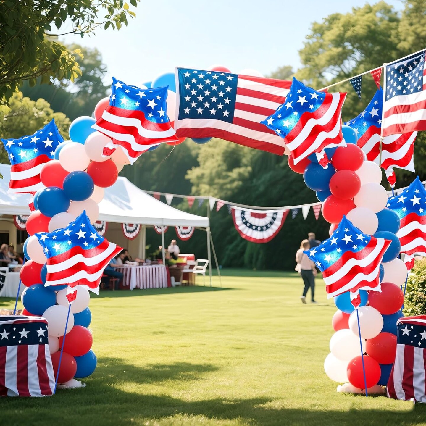 24-Piece 4th of July Balloons – 18-Inch American Flag Star Foil Balloons with Ribbons & Straw for Independence Day, Memorial Day & Patriotic Party Decorations