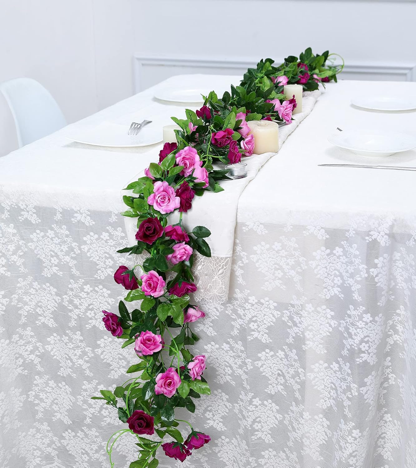 2 Pack 15.8 ft Spring Floral Rose Garland – Artificial Fuchsia Silk Flower Vine for Wedding Arch, Party, Home, Garden, Wall & DIY Spring Decor