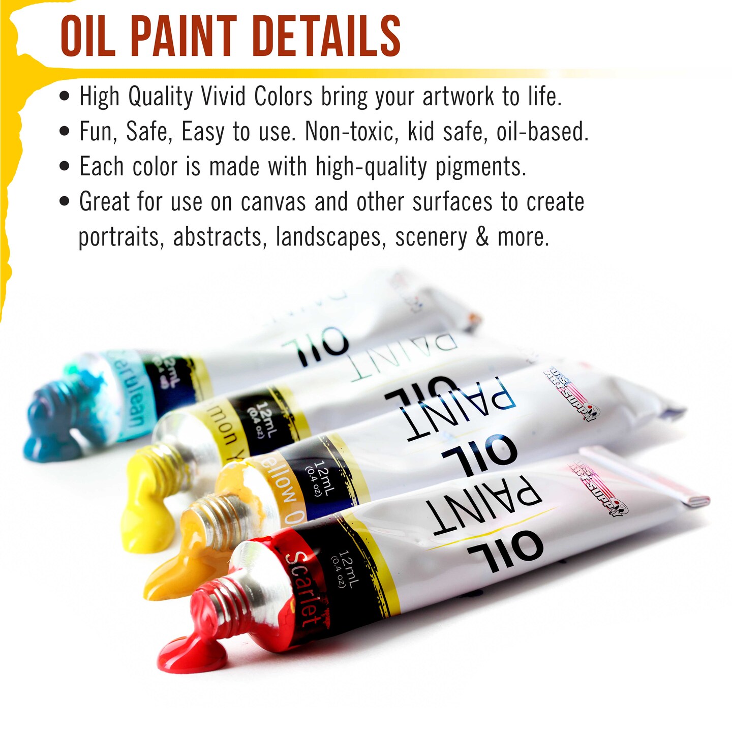 U.S. Art Supply Professional Oil Paint Set - 12 Vibrant Colors in 12ml Tubes for Canvas, Wood & Art Surfaces - Oil Based Paint for Artists, Adults & Students