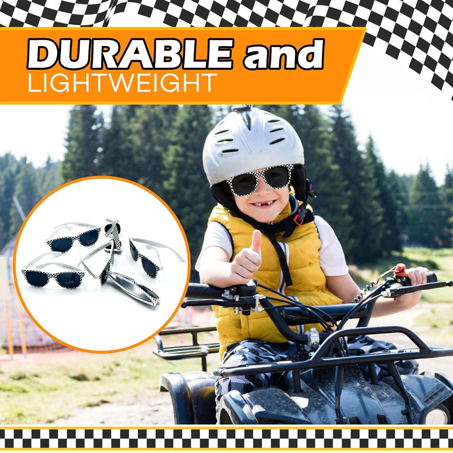 4E&#x27;s Novelty 6 Pack Kids Race Car Checkered Sunglasses Bulk with UV400 Protection - Ideal for Race Car Theme Birthday Decor