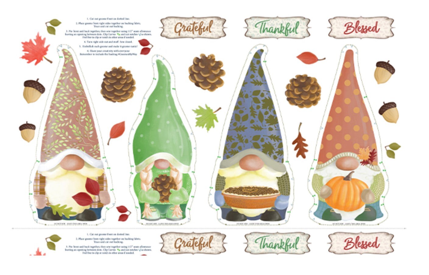 Benartex Thanksgiving Falling For Gnomes Panel On White 100% Cotton Fabric Price per Yard