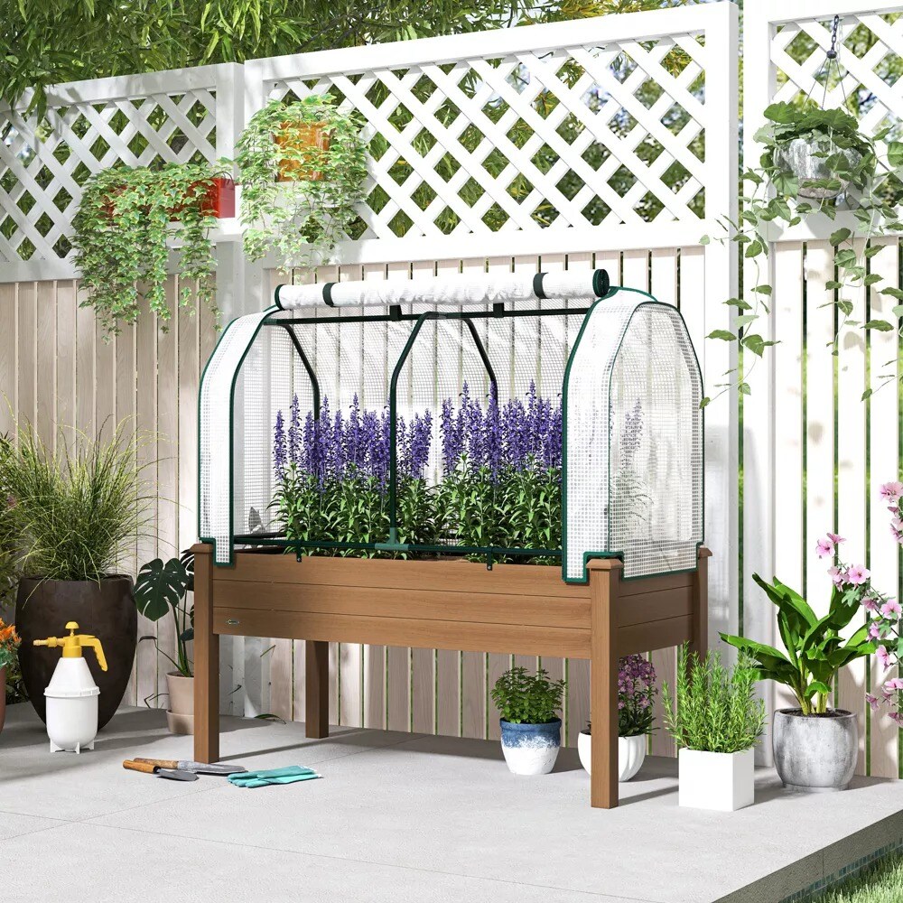 Outdoor Wooden Raised Garden Bed with PE Greenhouse Cover