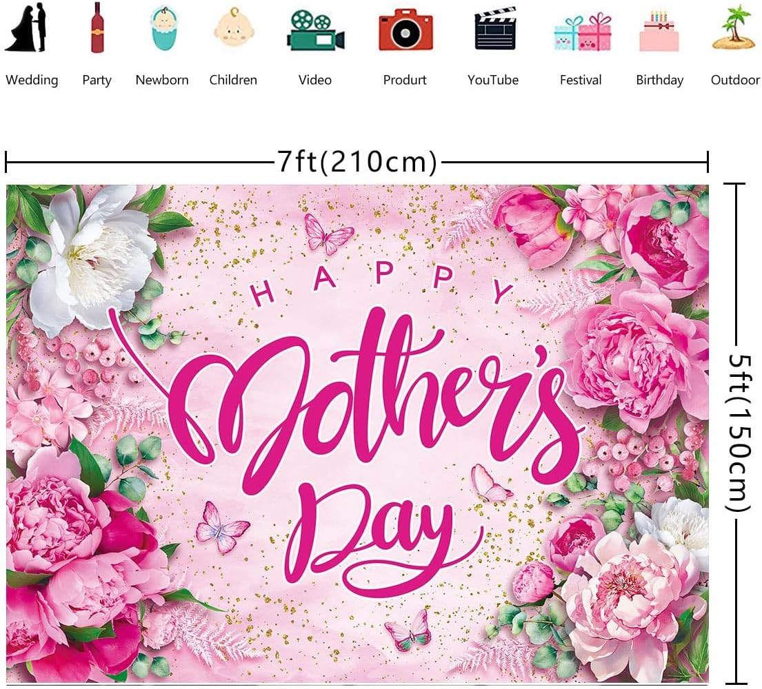 7x5ft Mother’s Day Photography Backdrop – Pink “Thanks Best Mom & Grandma” Event Banner, Floral Party Decoration Background for Photo Booth Props and Celebration Pictures