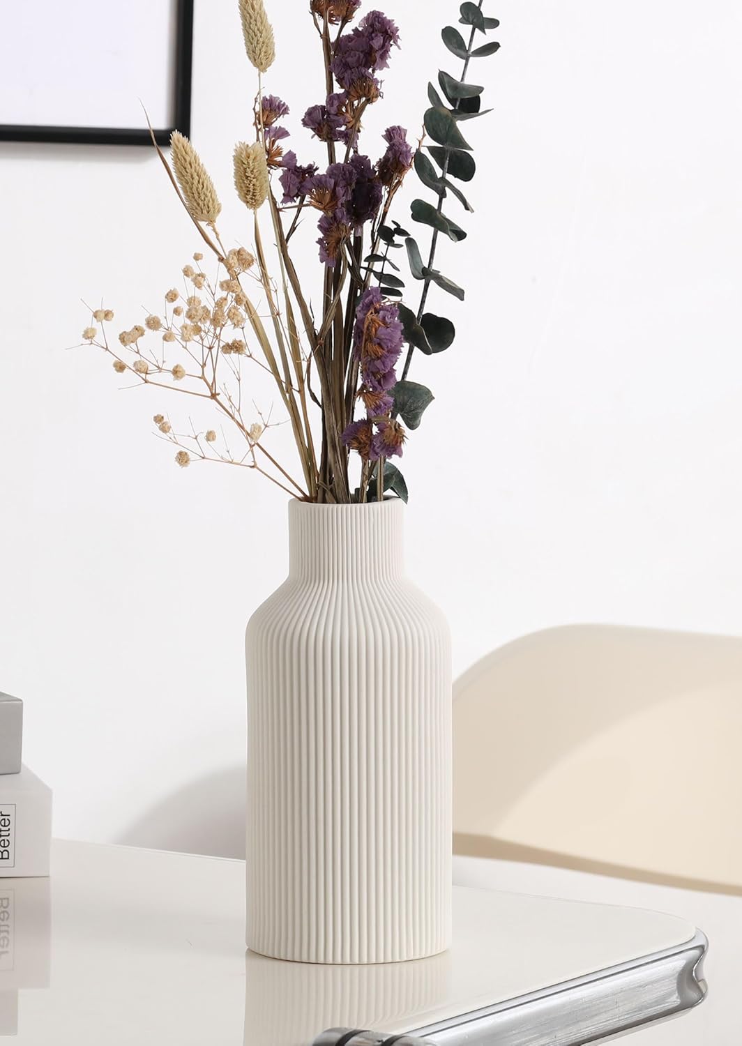 White Ceramic Flower Vase,Minimalist Modern Home Decoration,Small Pampas Grass Vases for Decor,Table,Shelf Bookshelf Decorative,Mantel,Entryway Decor and Centerpieces(8 in)